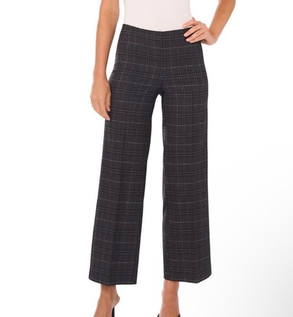 Vince Camuto Petite Large Wide Leg Ponte Pants Charcoal Plaid Side-zip Academia